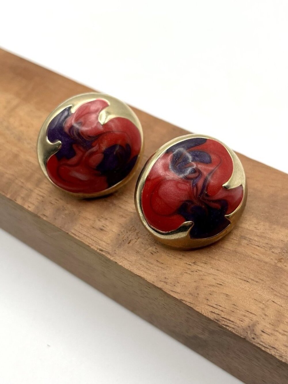 Vintage 80s Don-Lin Abstract Enamel Statement Earrings Red Black Swirl Gold Tone